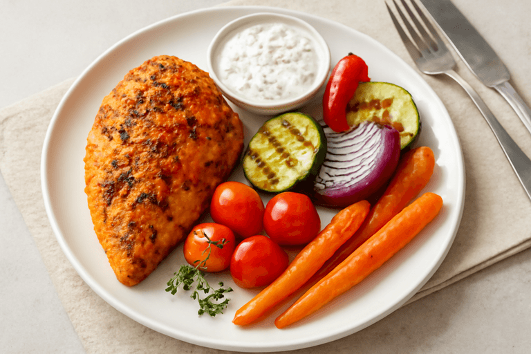 Saftig kycklingfilé med grillade grönsaker och örtig kvargsås