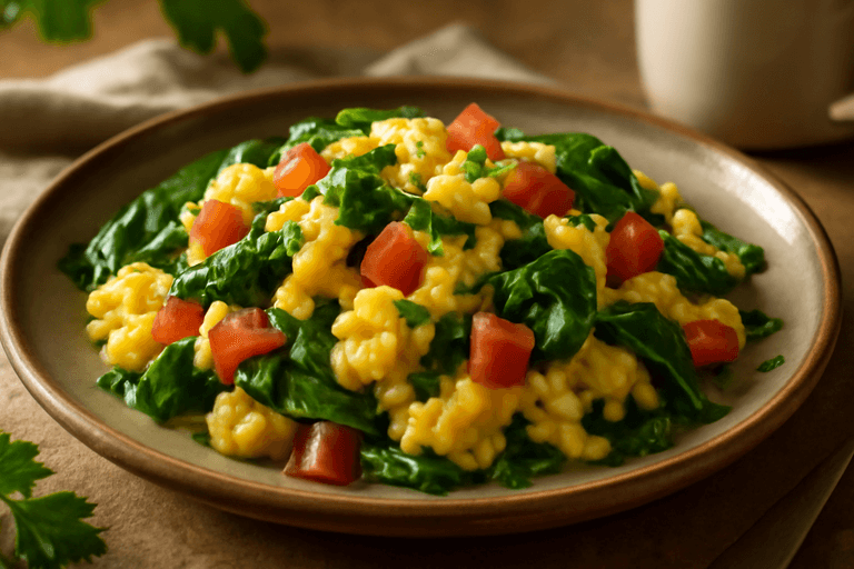 Proteinowa Jajecznica ze Szpinakiem i Pomidorami