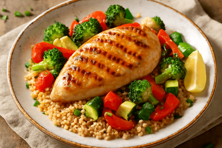 Grillowana pierś z kurczaka z warzywami i kaszą bulgur