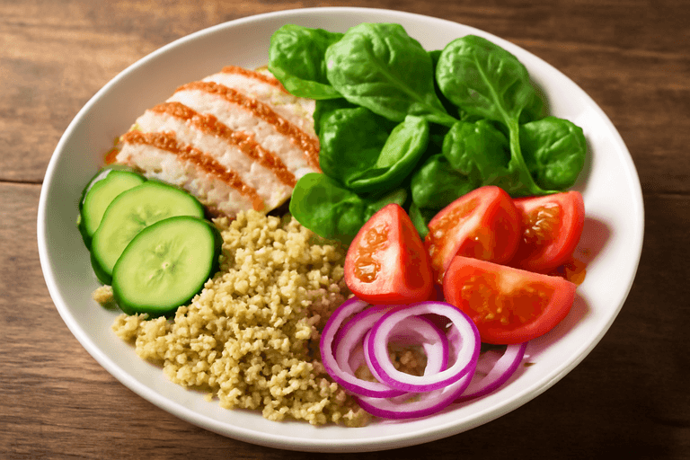 Lekka sałatka z grillowanym kurczakiem, komosą ryżową i warzywami