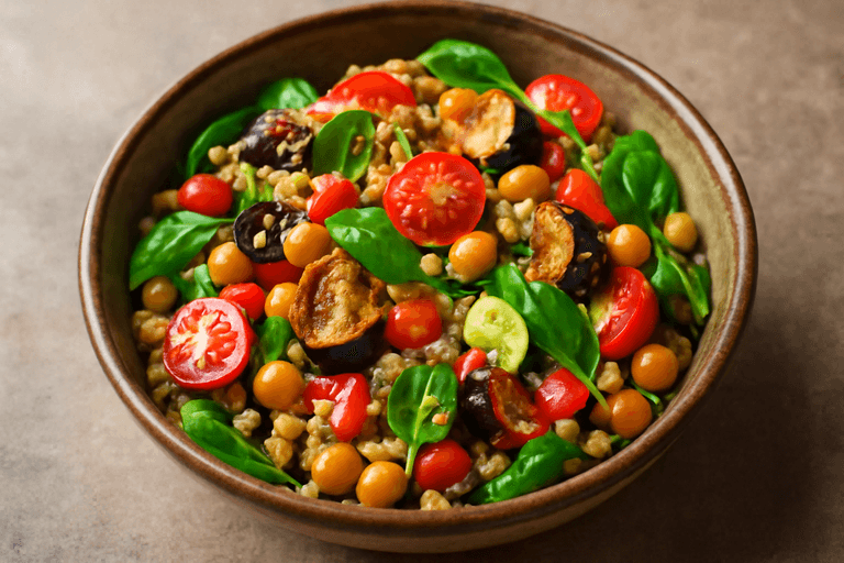 Ensalada tibia de quinoa y garbanzos con verduras asadas