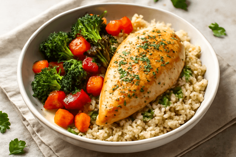 Пилешко със зеленчуци на фурна и киноа