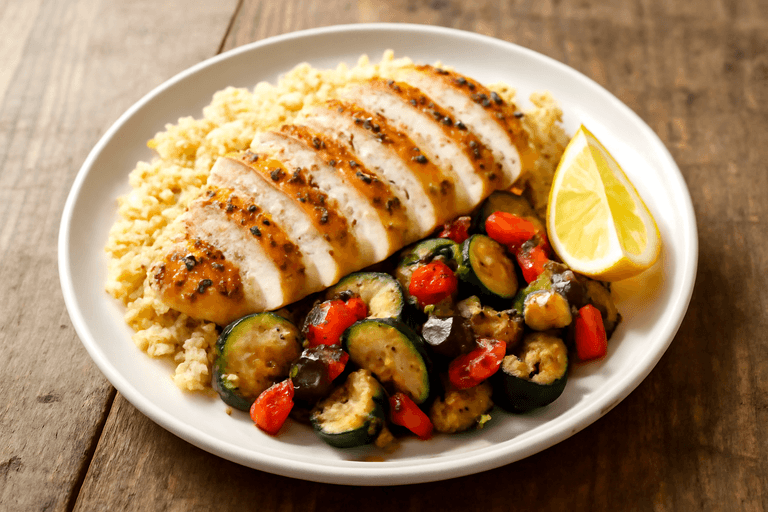 Piept de pui la grătar cu legume mediteraneene și quinoa