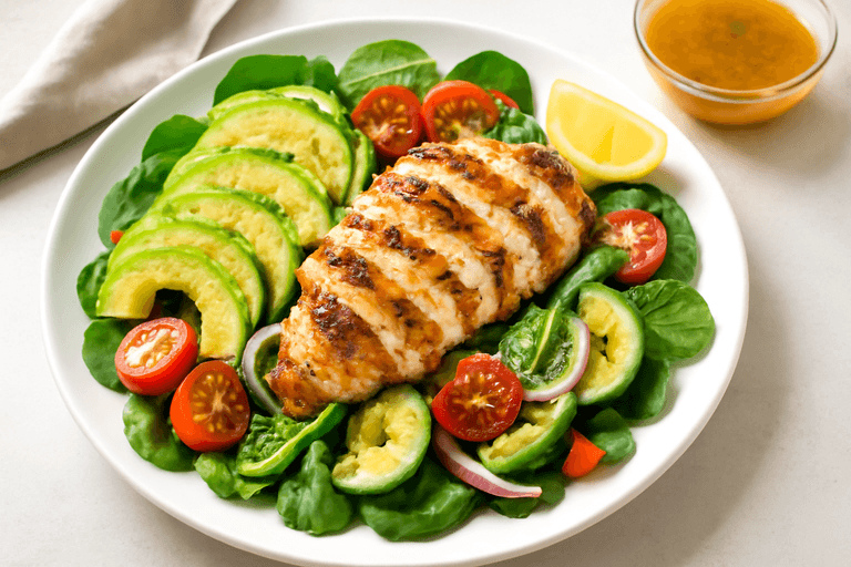 Klassisk kycklingsallad med avokado och citronvinägrett