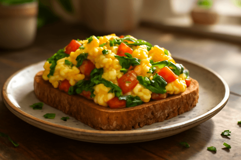Jajecznica z warzywami i pełnoziarnistym tostem
