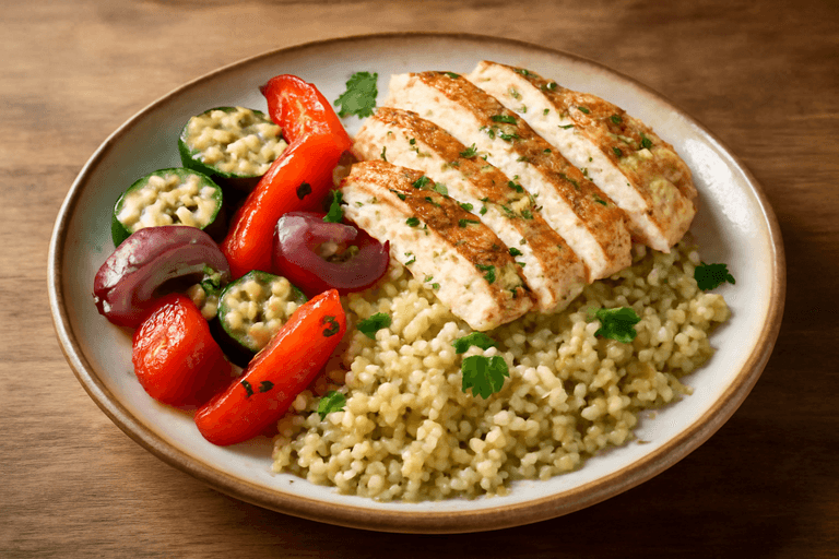 Grillowany kurczak z warzywami i kaszą bulgur