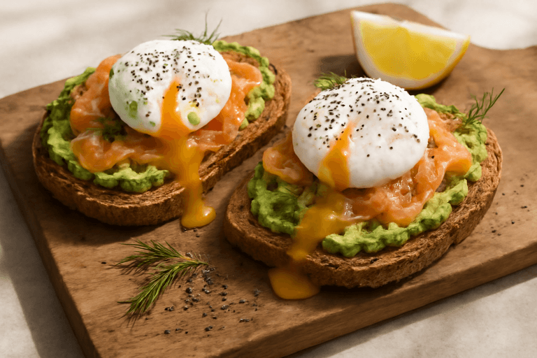 Tostadas de aguacate con salmón ahumado y huevo pochado