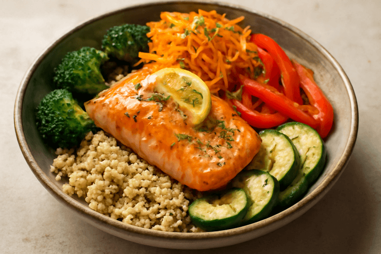Bowl de Salmón a la Plancha con Quinoa y Verduras Asadas