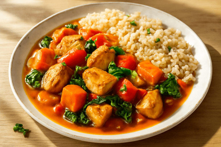 Kyckling- och grönsaksgryta med fullkornsris