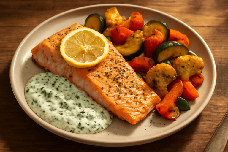 Ugnsbakad lax med rostade grönsaker och örtsås
