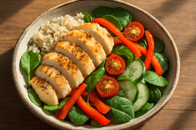 Ensalada de pollo a la plancha con quinoa y verduras frescas