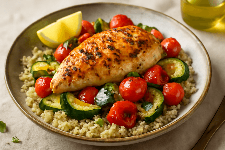 Pollo asado mediterráneo con verduras y quinoa