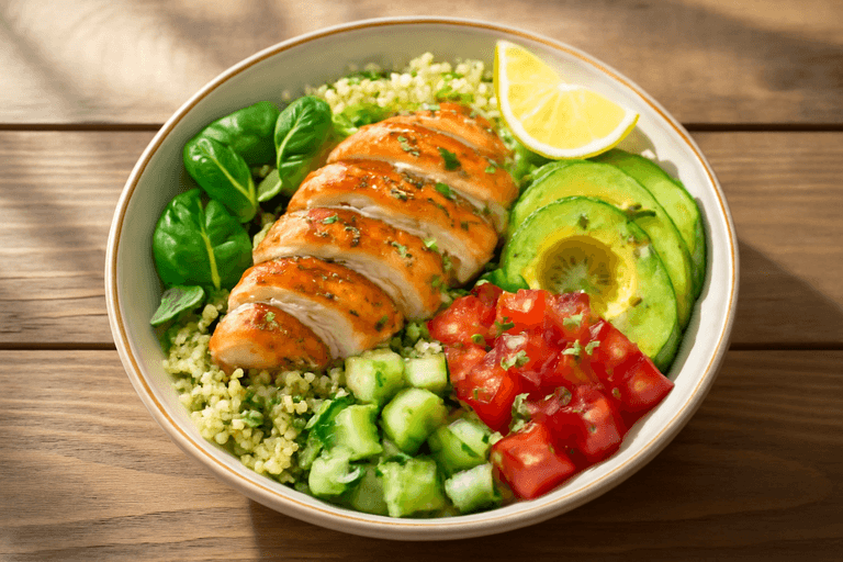 Пилешка салата с киноа и авокадо