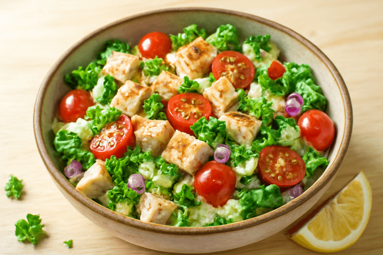 Пилешка салата с киноа и свежи зеленчуци