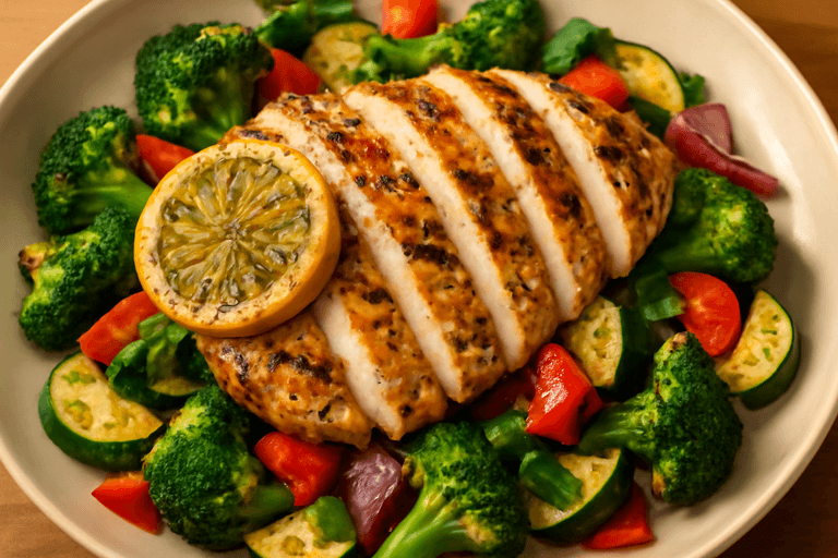 Grilled Lemon Herb Chicken with Roasted Veggies