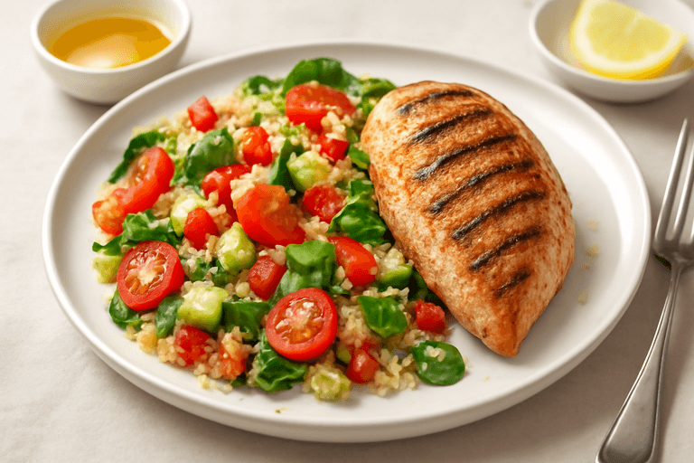 Piept de pui la grătar cu salată de quinoa și legume proaspete