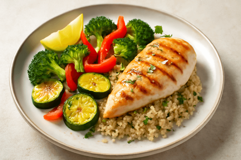 Pollo a la plancha con quinoa y vegetales salteados