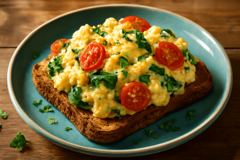 Proteinrika äggröra med spenat och tomat