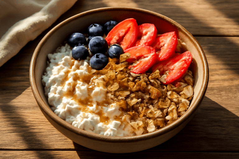 Proteinrik frokostbowl med cottage cheese og bær