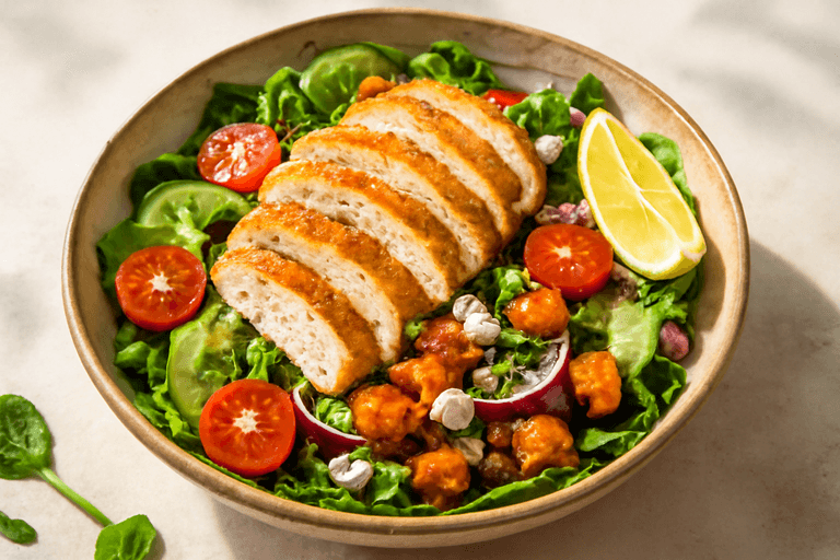 Proteinrik kyllingsalat med ovnsbakte grønnsaker