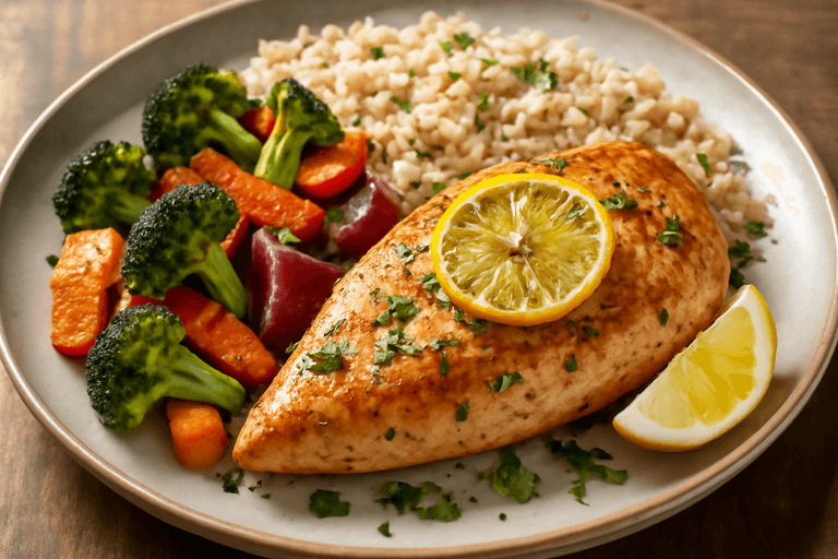 Saftig Kyllingfilet med Ovnsbakte Grønnsaker og Fullkornsris