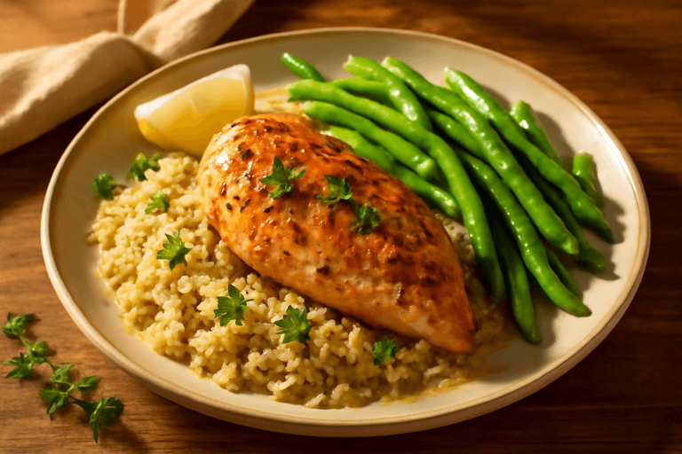 Печено пиле с билки, зелен фасул и киноа