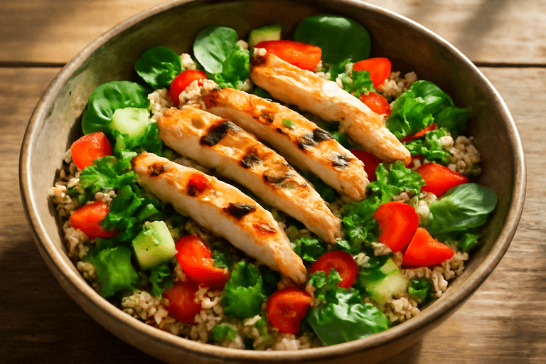 Лека пилешка салата с киноа и свежи зеленчуци