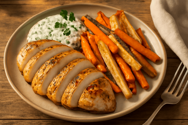 Saftig kycklingfilé med rostade rotfrukter & frisk örtsås