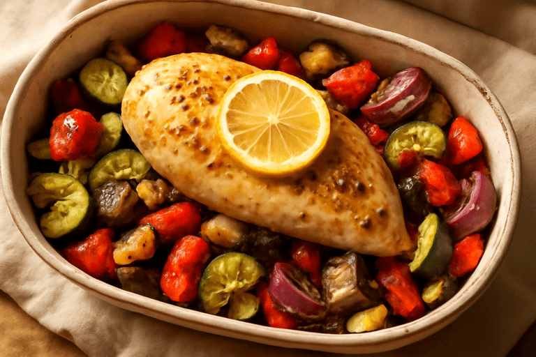 Pui la cuptor cu legume mediteraneene