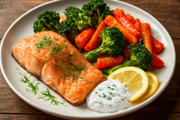 Klassisk laxfilé med rostade grönsaker och yoghurtsås