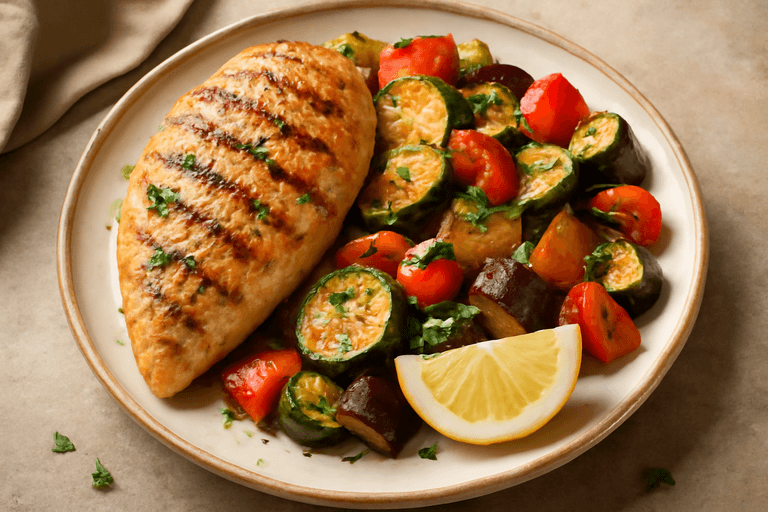 Pollo alla griglia con verdure mediterranee