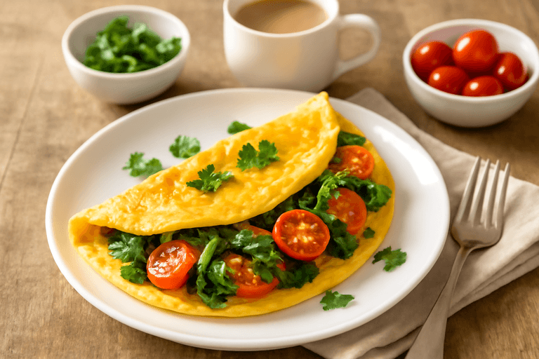 Klassisk energiboostande omelett med spenat och tomat