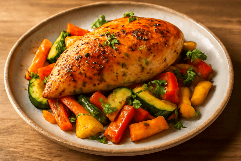Запечённая куриная грудка с овощами и пряностями