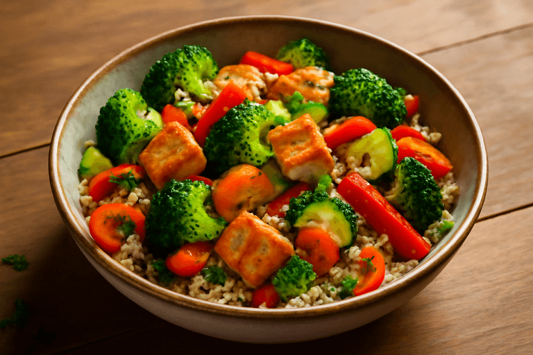 Bunte Gemüsepfanne mit Hähnchenbrust und Quinoa