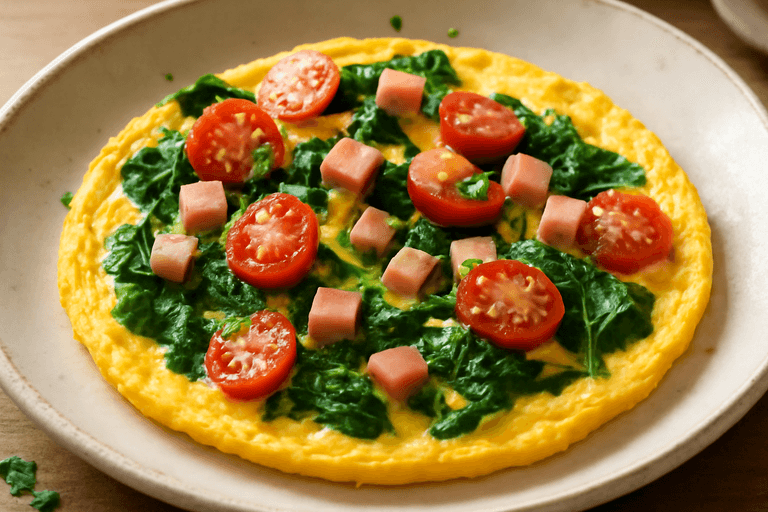 Klassisches Protein-Omelett mit Spinat und Tomaten