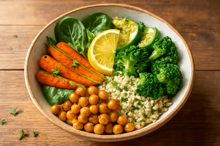 Bowl Saludable de Quinoa con Verduras Asadas y Garbanzos