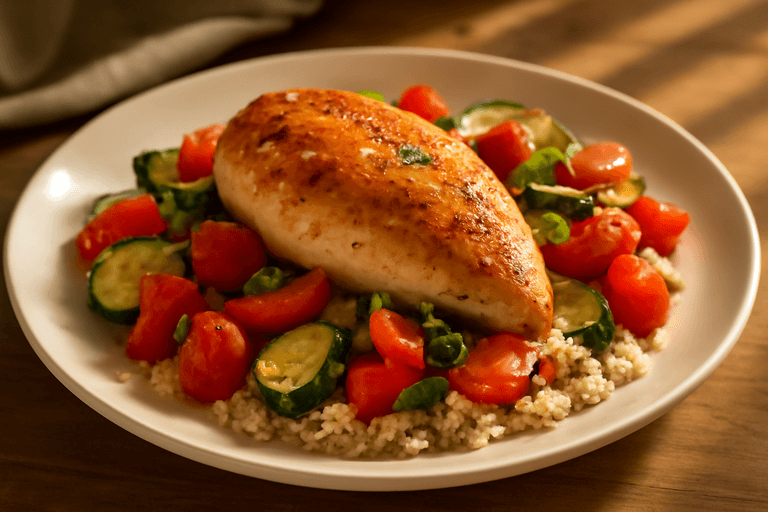 Запечённая куриная грудка с овощами и киноа