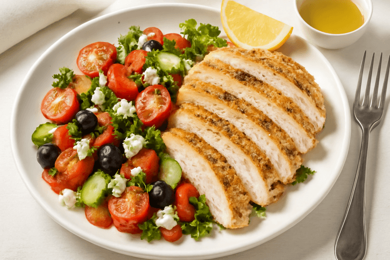 Piept de pui la grătar cu salată mediteraneană