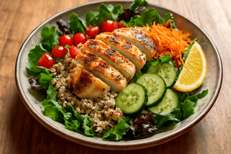 Salată clasică de pui la grătar cu quinoa și legume crocante