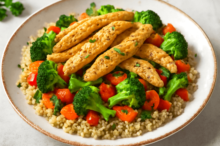 Пиле върху зеленчукова пътека с киноа