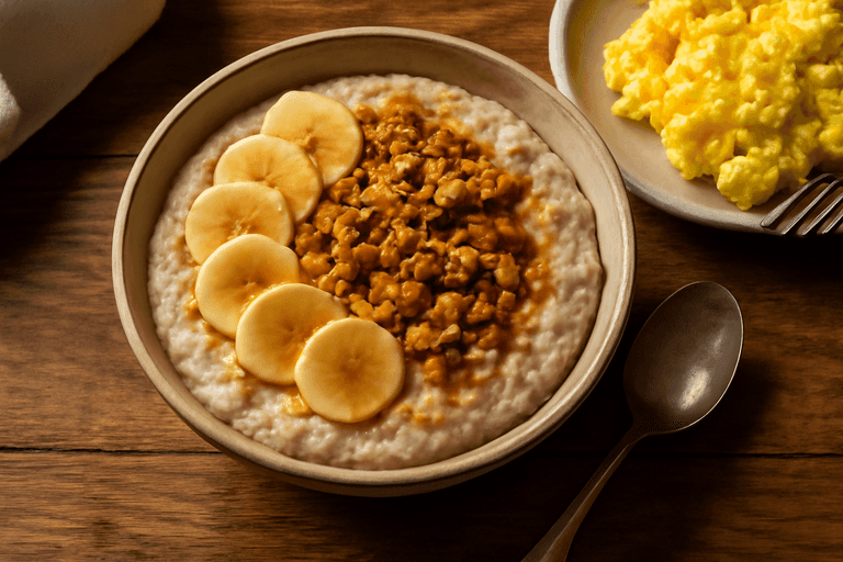 Desayuno Potente de Huevo y Avena con Plátano y Nueces