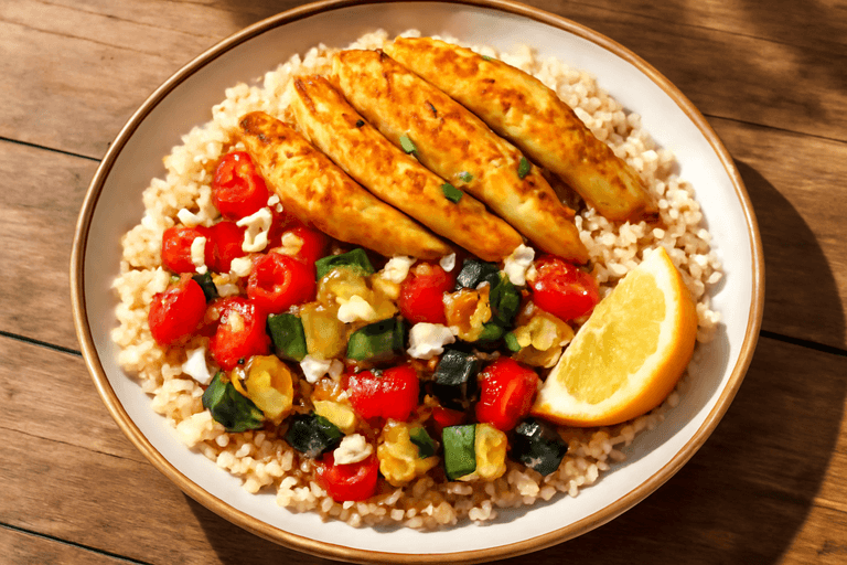 Pollo mediterráneo con arroz integral y verduras asadas