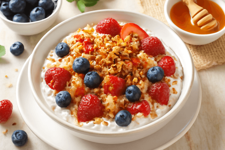 Leichter Frühstücks-Quark mit Beeren & knusprigen Mandeln