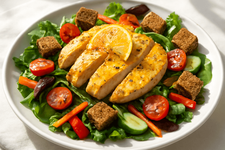 Leichter Zitronen-Hähnchen-Salat mit Vollkorncroutons