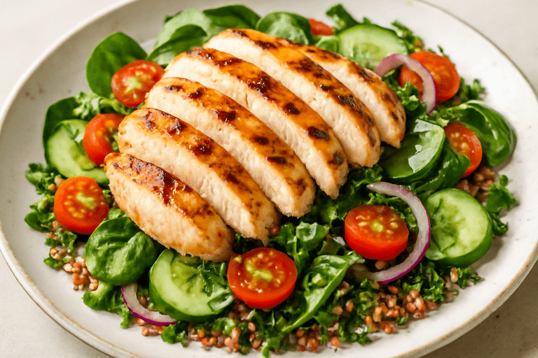 Grillad kycklingsallad med färska grönsaker och quinoa