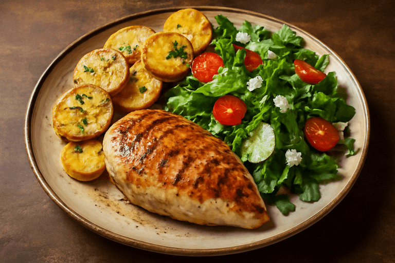Piept de pui la grătar cu cartofi copți și salată proaspătă