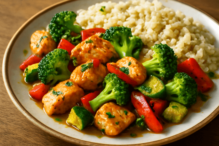 Hähnchen-Gemüse-Pfanne mit Vollkornreis