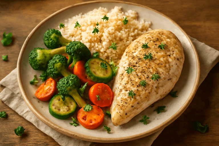 Леко пилешко филе със задушени зеленчуци и кускус