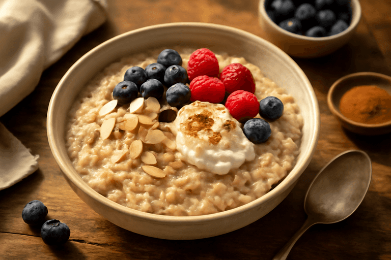 Proteinrik klassisk gröt med bär och mandel