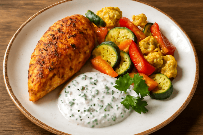 Kycklingfilé med ugnsrostade grönsaker & frisk yoghurtsås